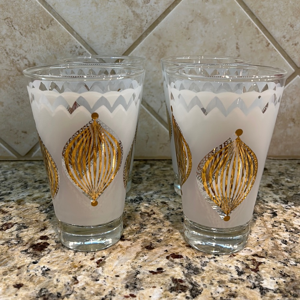 Vintage MCM gold frosted 5 1/4” bar ware/ glasses set of 4